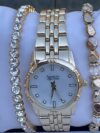 Curated Women’s Gold-Tone Watch & Bracelet Set – Rhinestone Dial, 3-Piece Jewelry Set